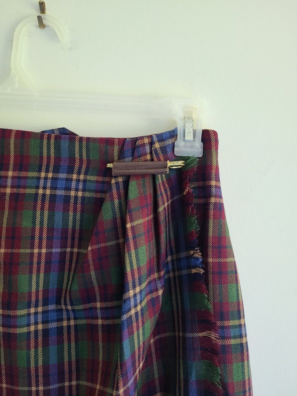 Vintage Faux Wrap Skirt 10 Wst 27.5" Brown Green Plaid 100% Wool Midi FLAWS - Picture 2 of 14